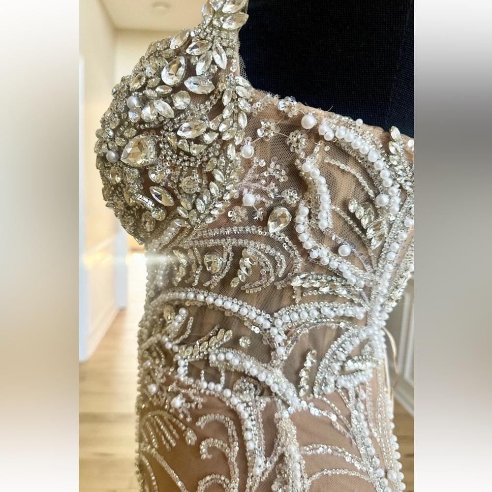 Crystal Beaded Engagement Bridal Sweetheart Neckline Custom Gown Beige Size 4 - Picture 8 of 16